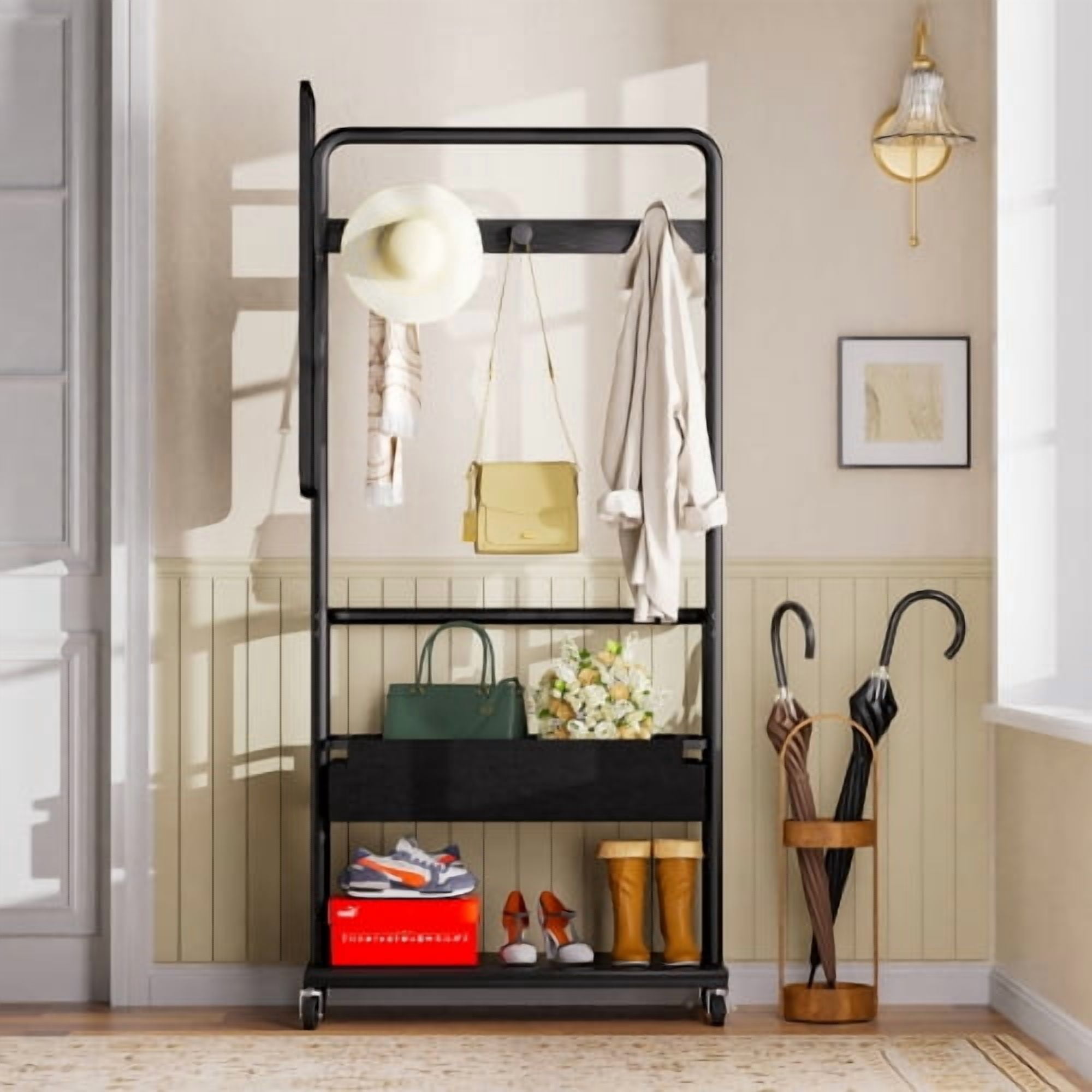 3-in-1 Metal Coat Rack with Casters, Rolling Garment Rack with Mirror & Storage Basket, Heavy Duty Hanging Clothes Rack on Wheels, Black