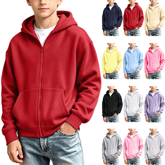 Zeijnsda Boys Sweatshirts Zip-Up Solid Color Hoodies Coats Kids Long Sleeves Hooded Sweatshirts with Pockets Size 4-15 Years