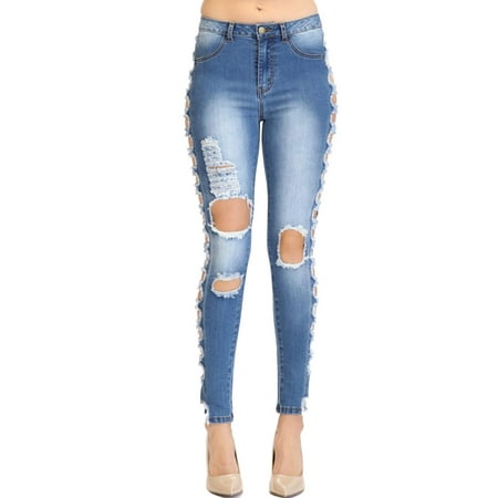 Womens High Rise Destroyed Skinny Side Cut Jeans RJH-966-1-Blue