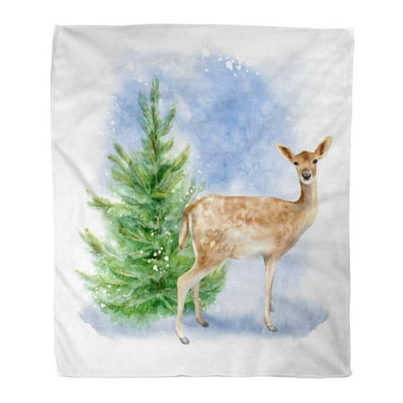 Beds Beds And More ASHLEIGH Throw Blanket Warm Cozy Print Flannel Watercolor Abstract Forest Deer and Spruce Branches Winter Landscape More Comfortable Soft for Bed Sofa and Couch 58x80 Inches ()