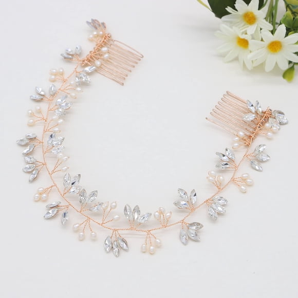 Ammei Tocado de novia de cristal, diadema de boda con perlas genuinas de agua dulce y peines, accesorios para el cabello para novia y dama de honor (oro rosa)