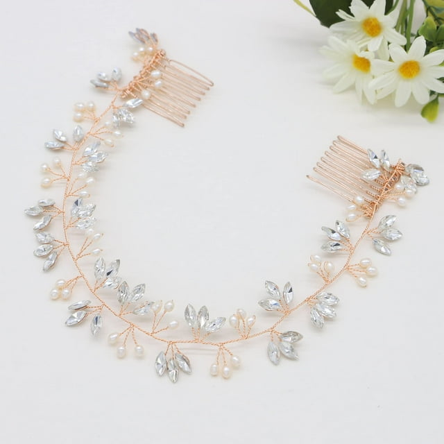 Ammei Tocado de novia de cristal, diadema de boda con perlas genuinas de agua dulce y peines, accesorios para el cabello para novia y dama de honor (oro rosa)