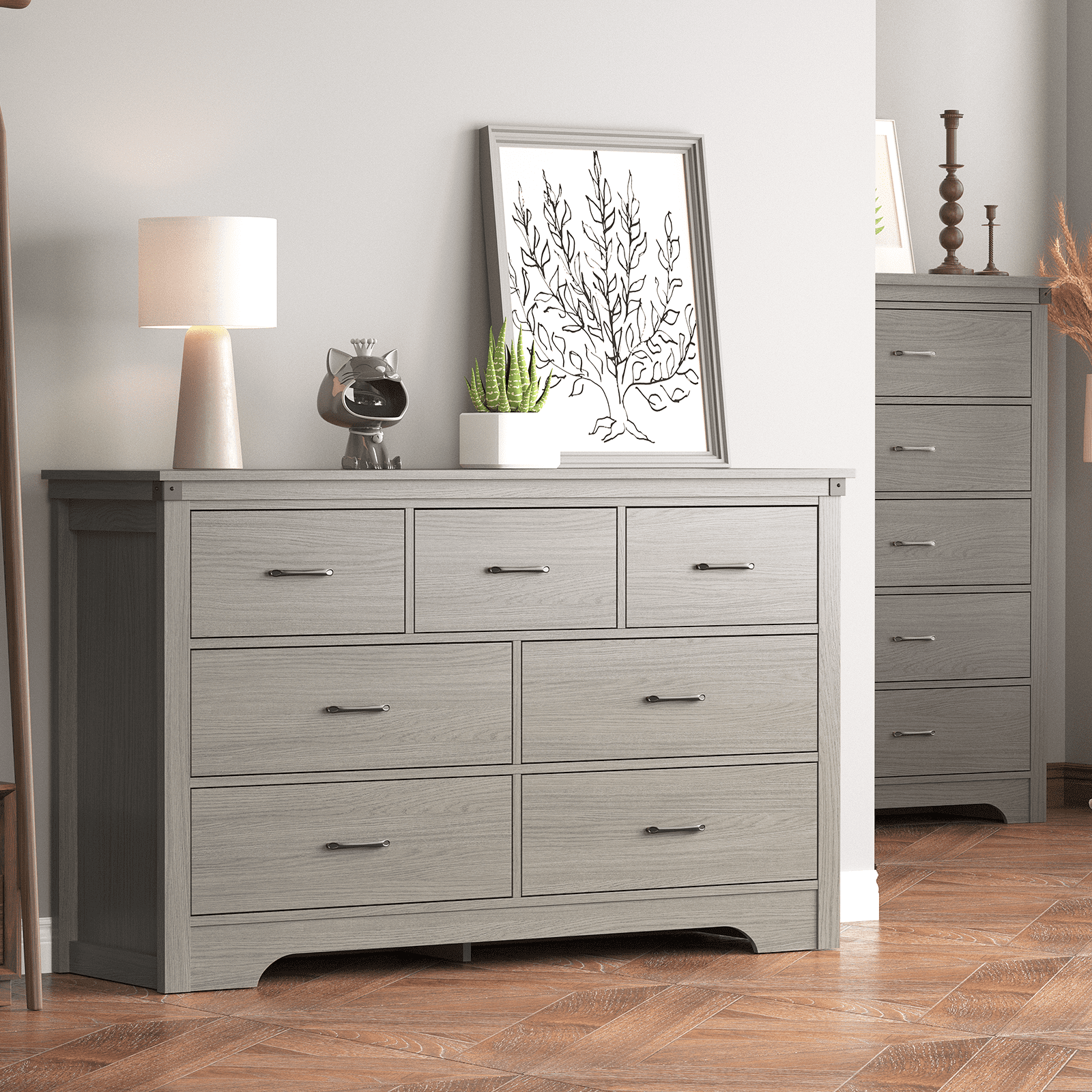 Farmhouse 7 Drawer Dresser for Bedroom, 51" Wide Chest of Drawers, Wooden Dresser TV Stand, Storage Dressers Organizer for Bedroom, Living Room, Hallway, Gray
