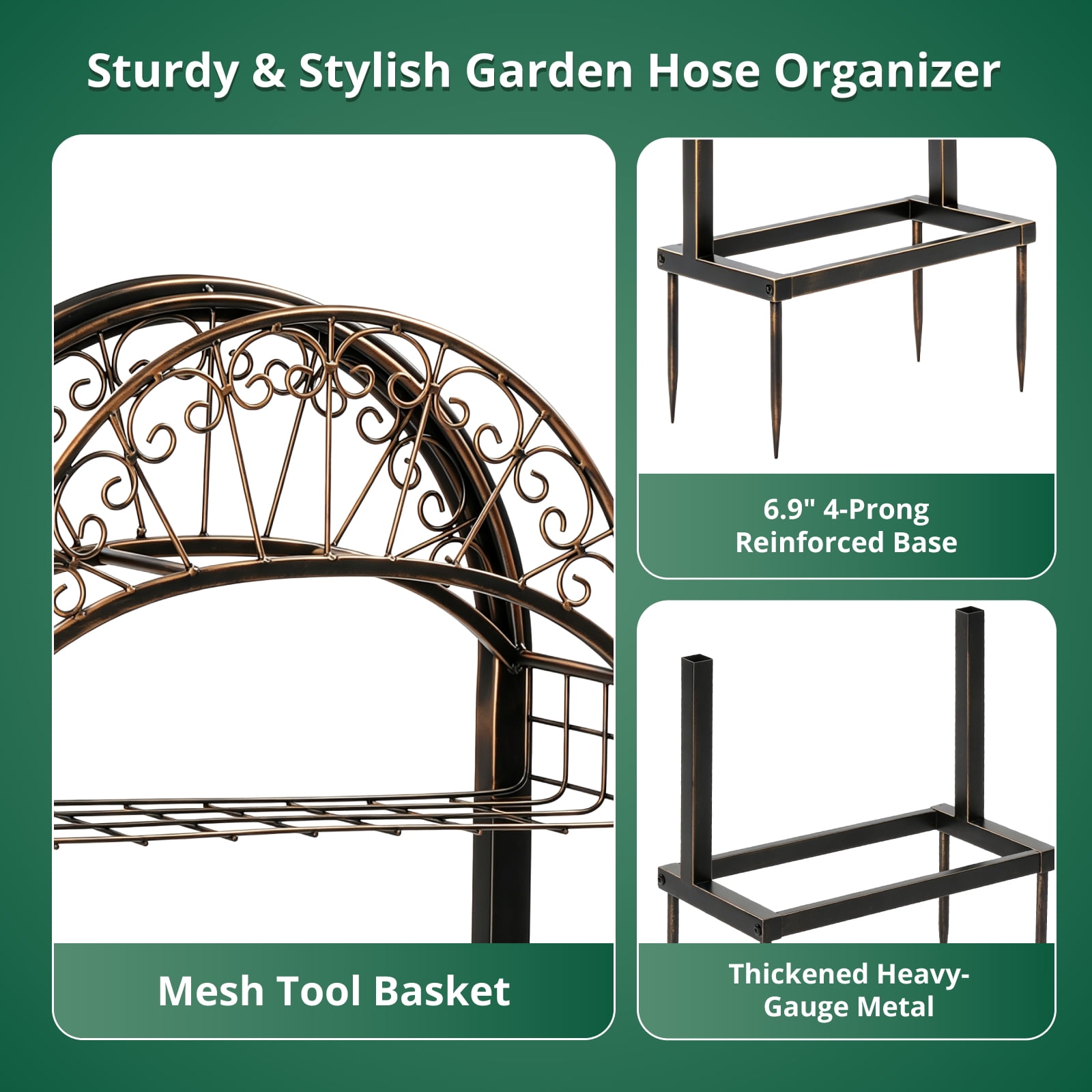 Heavy-Duty Garden Hose Holder with Sturdy Base and Storage Basket