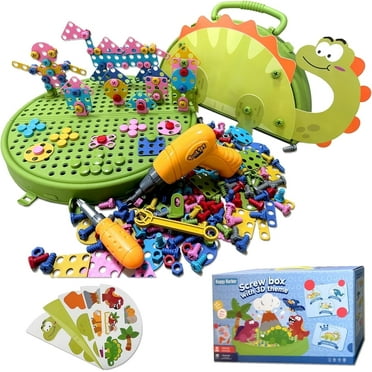 Adofi Design and Drill Toy, 211 Piese Dinosaurs STEM Toys for 3-6 year old Boy and Girl,  Mosaic Electric Drill Set,  2D/3D Montessori Play Toolbox, Dinosaurs Theme Screwdriver DIY Building Toys