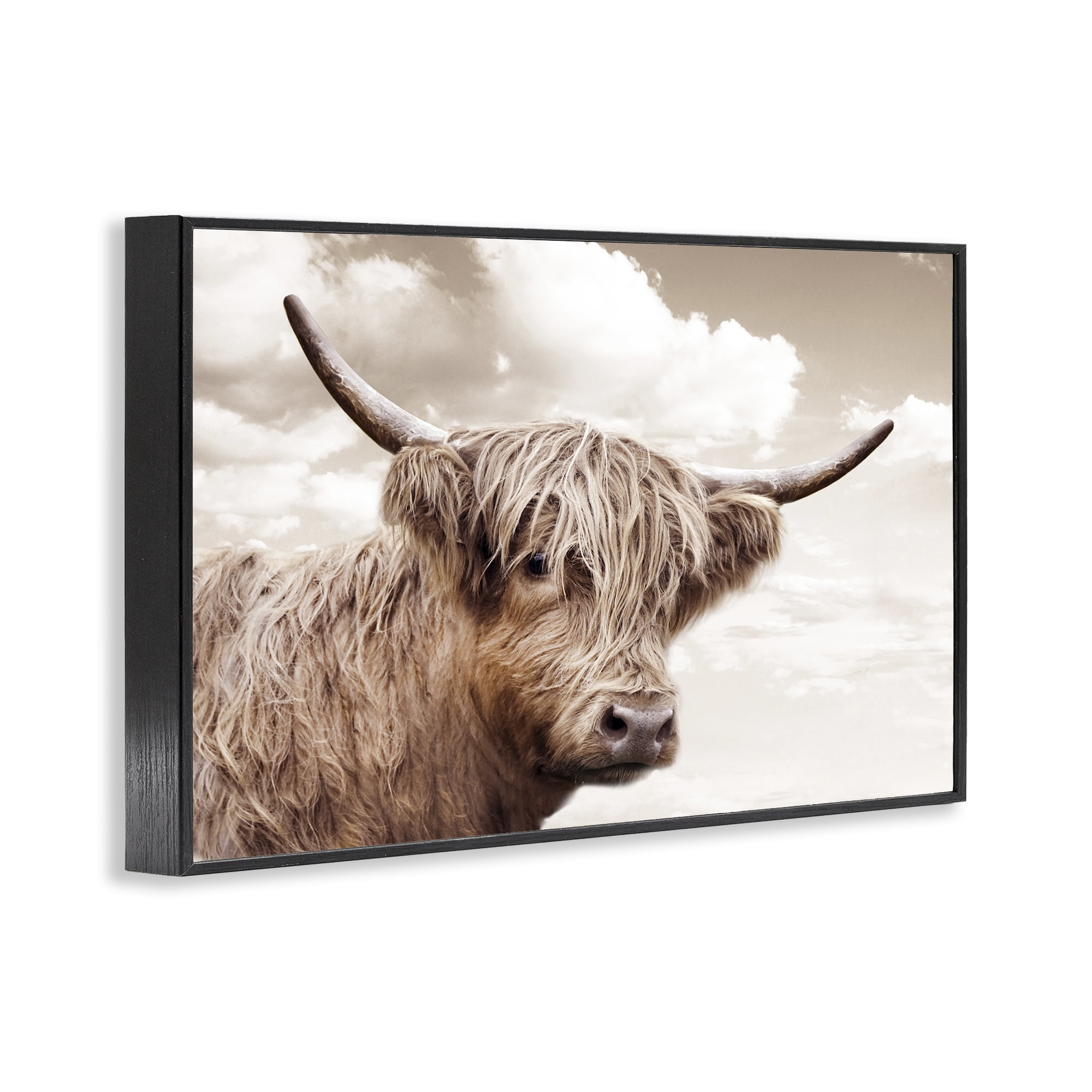 Stupell Industries Shaggy Highland Cow & Clouds Black Framed Giclee Art, design by CAD Designs