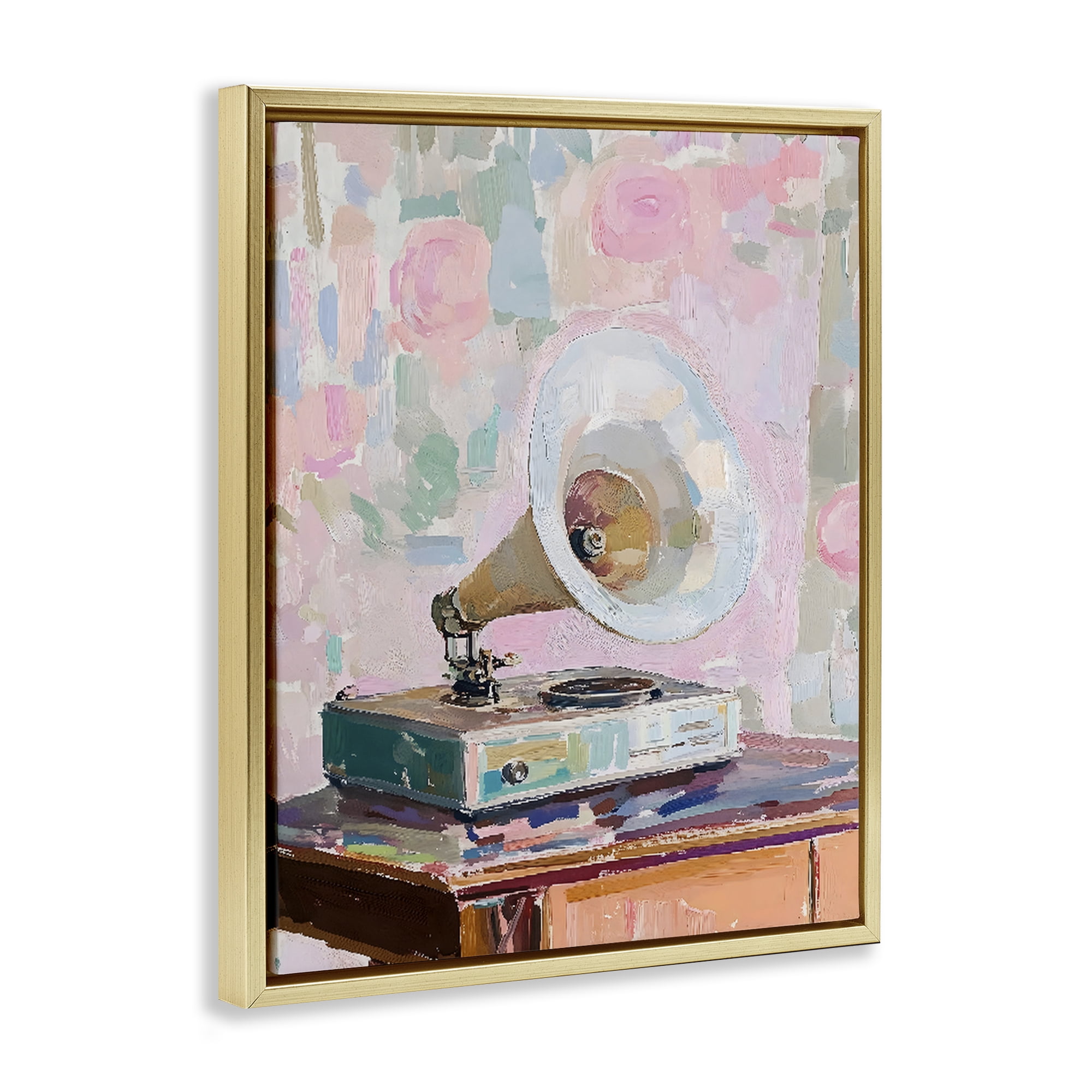 Stupell Industries Vintage Gramophone in Soft Pastels Gold Framed Floater Canvas Wall Art, design by The Prints Vibe