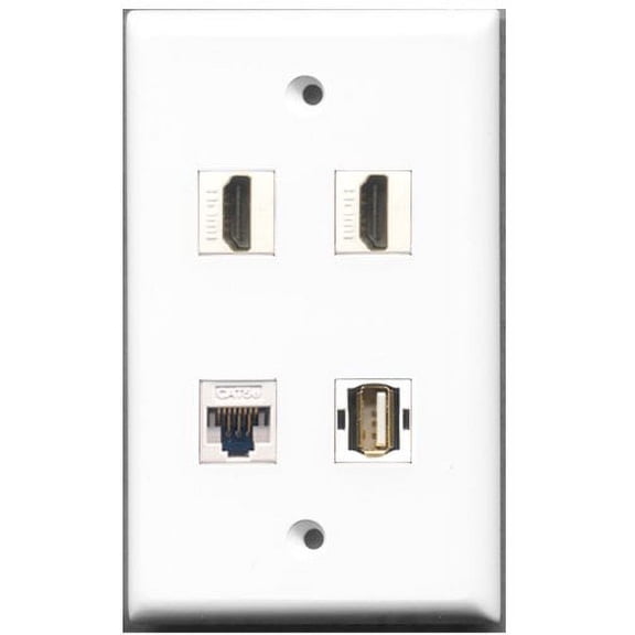 RiteAV - 2 Port HDMI 1 Port USB A-A 1 Port Cat5e Ethernet White Wall Plate