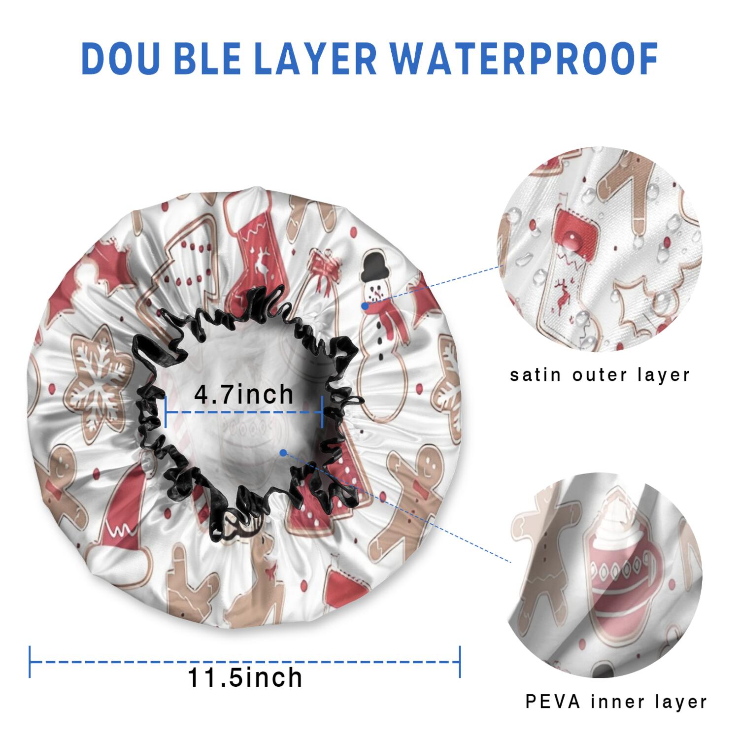 Shower Caps,White Christmas Cookie Pattern Waterproof Shower Cap for Women 4 Pieces,Double Reusable Hair Cover for Shower PEVA Elastic Stretch Hem
