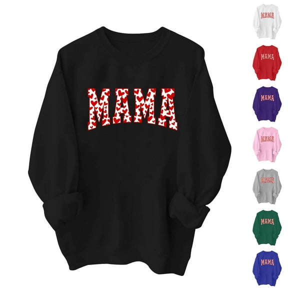 VBTAPA Mama Sweatshirt for Women Mom Life Mama Mommy Mom Letter Print Long Sleeve Crewneck Pullover Tops Loose Casual Sweatshirts Black XL