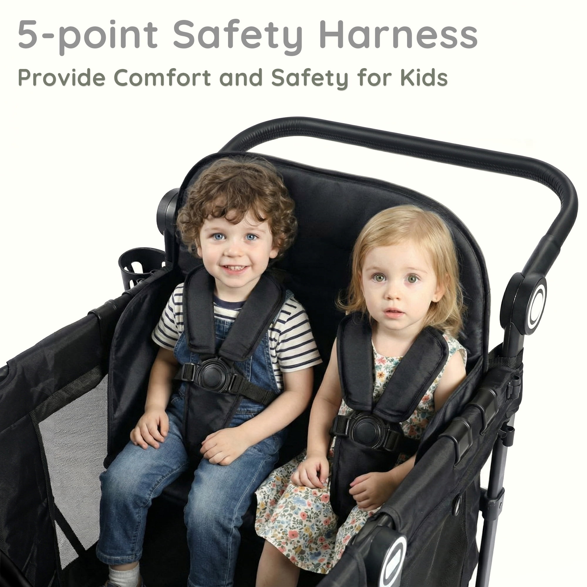 LINLUX Wagon Stroller for 4 Kids, Stroller Wagon 4 Seats w/Adjustable Handle, Detachable Tray, Black