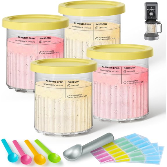 4 Pack Creami Deluxe Pints & Lids for Ninja, 24 Oz Compatible with NC500 NC501 Series Ice Cream Makers, with 5 Spoons & 64 Writable Labels, BPA-Free & Dishwasher Safe, Yellow