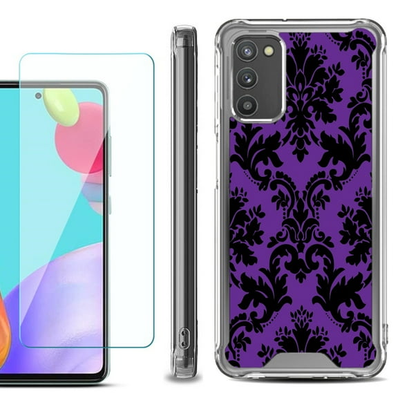 Shockproof Bumper Phone Case for Samsung Galaxy A02s, with Tempered Glass Screen Protector, by OneToughShield ® - Victorian Purple/Black