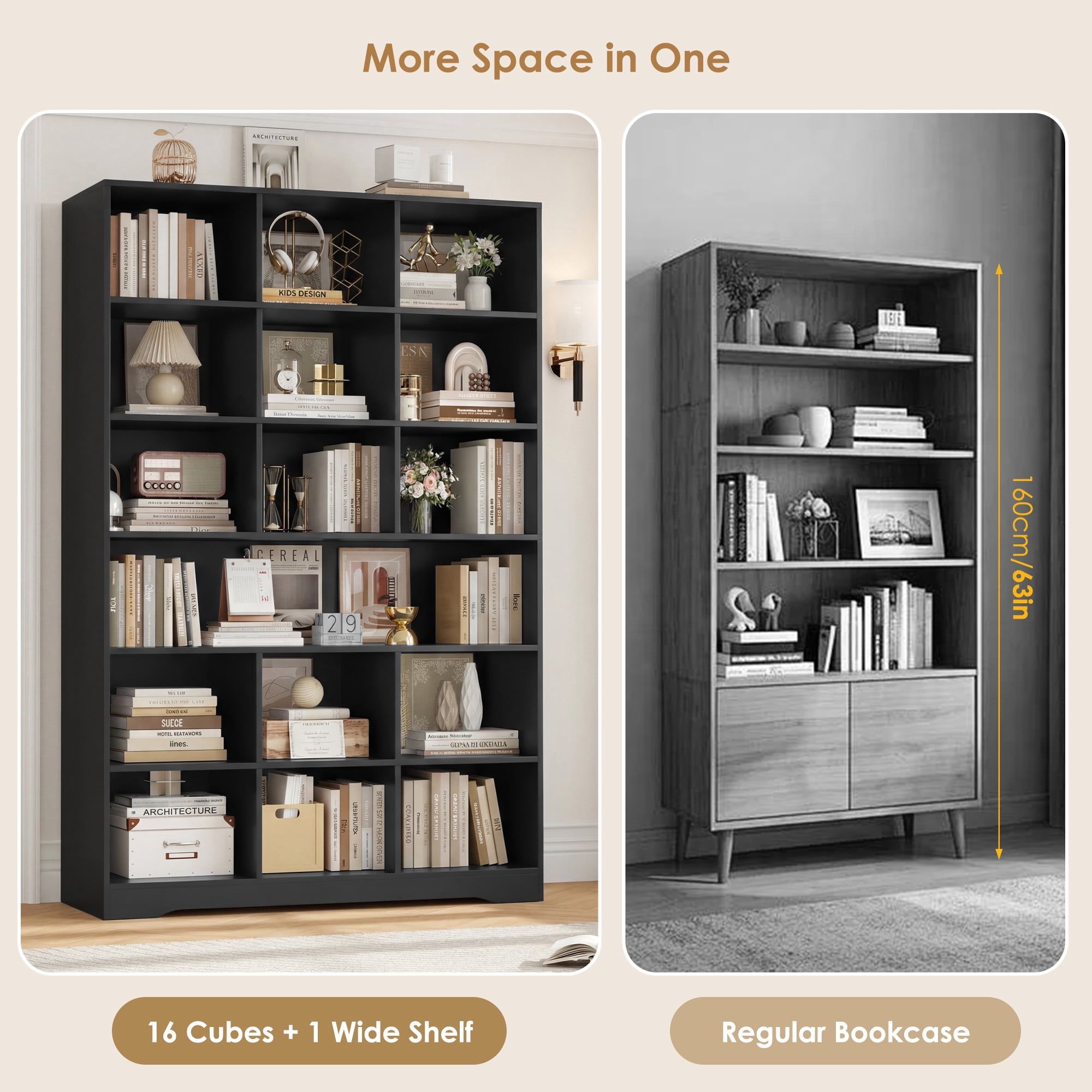 Hiphuta 76"H x 47"W Wood 6-Tier Standard Bookcase, Tall Bookcase for Bedroom, Freestanding 18 Cubes Display Storage Shelves, Living Room and Office, Black