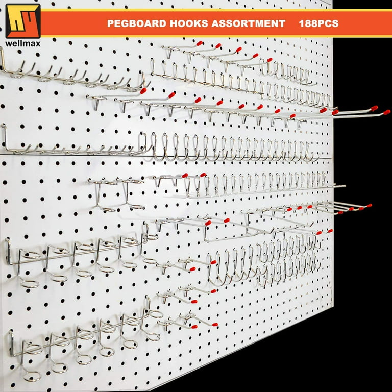 Wellmax 188PC Pegboard Hooks Accessories Assortment Heavy Duty Peg Board Hook Set Perfect for Tools Crafts Peg Boards and PE
