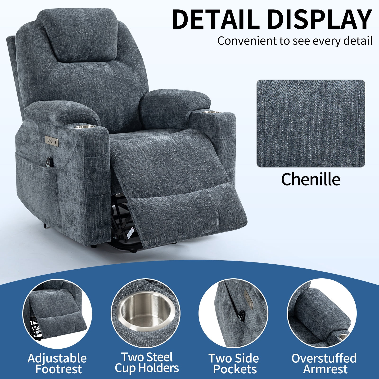 Chenille Power Lift Recliner Chair for Seniors, Heavy Duty 350 lbs Capacity with 8-Point Massage & Lumbar Heat, USB Type-A/C Ports, Stainless Steel Cup Holders, Living Room Comfort