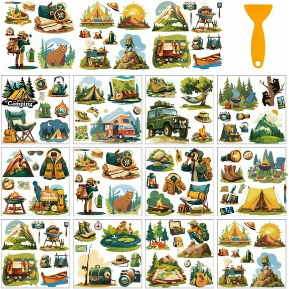 12 Sheets Camping Theme Rub on Transfers for Craft Campers Tents Transfer Sticker Furniture Decals Waterproof Stickers for Home Window Bedroom Living Room Water Bottle Glass Decoration colorful DIY