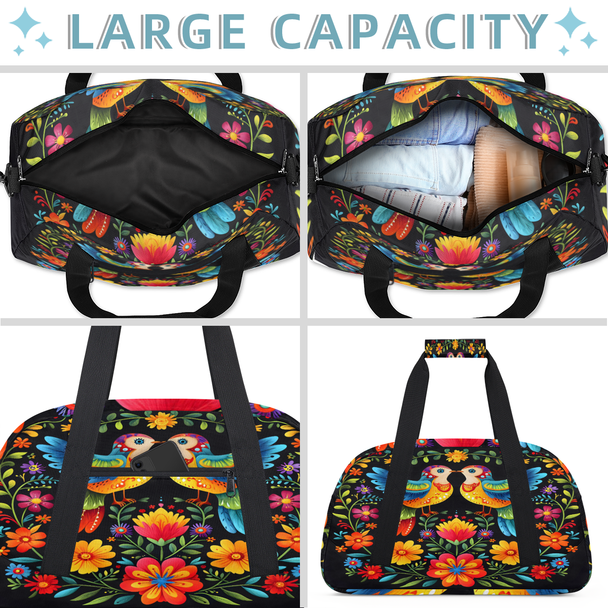 Herdesigns Sports Duffle Bags Travel Duffle Bag Gym Bag Mexico Otomi Stylel Foral Bird Weekender Travel Bag Waterproof Overnight Bag Carry On Travel Tote Bag Dance Bags