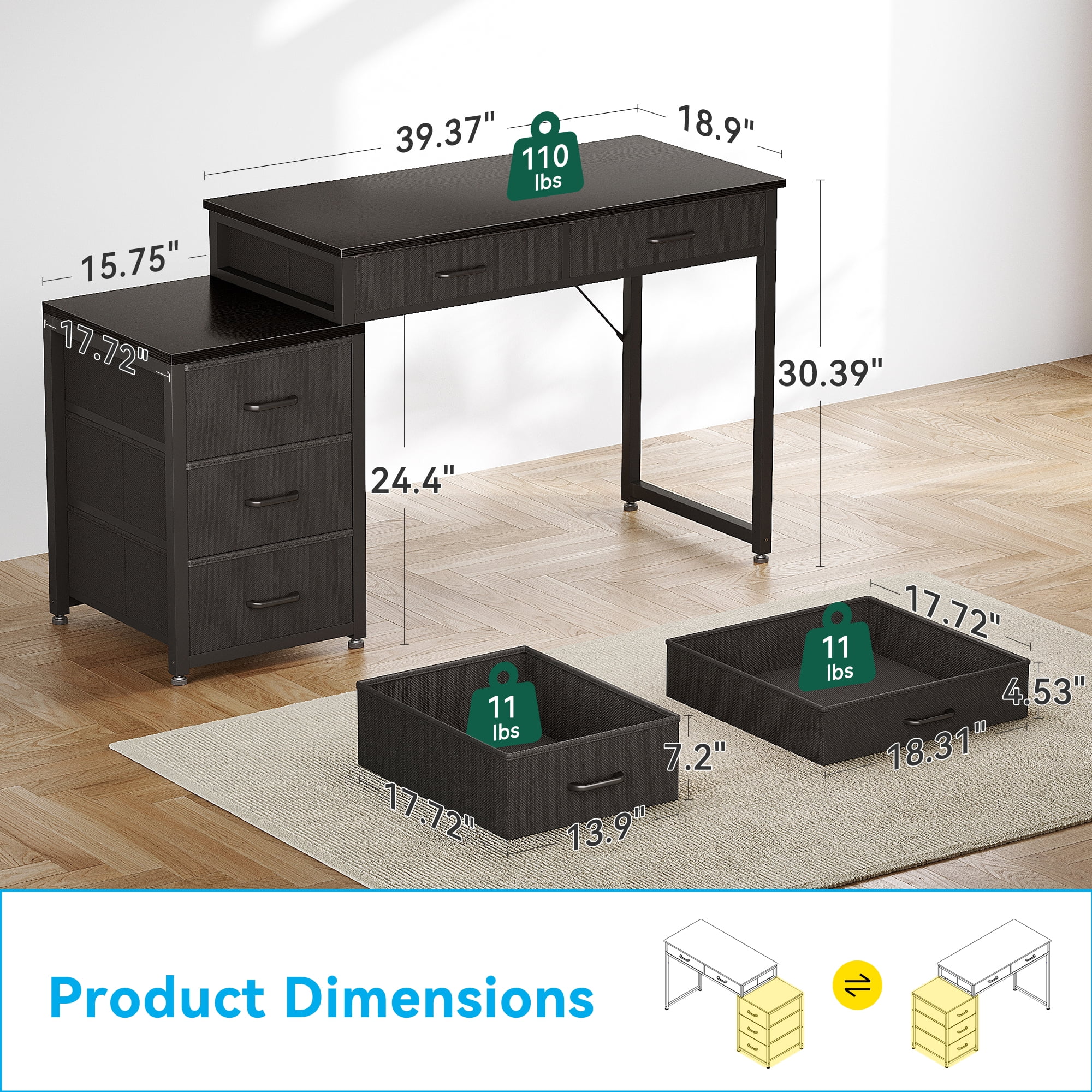 Casacomoda Computer Desk with 5 Drawers, Reversible Home Office Desks with Printer Stand, Study Writing Table Workstation for Small Spaces, Black
