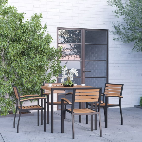 Merrick Lane Five Piece Faux Teak Patio Dining Set for Indoor and Outdoor Use - 35" Square Table and Four Club Chairs