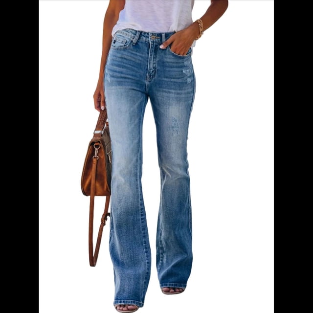 Pantalones Vaqueros Acampanados de Cintura Alta y Pierna para Mujer, Pantalones Vaqueros Elásticos de Corte Acampanado. Azul L