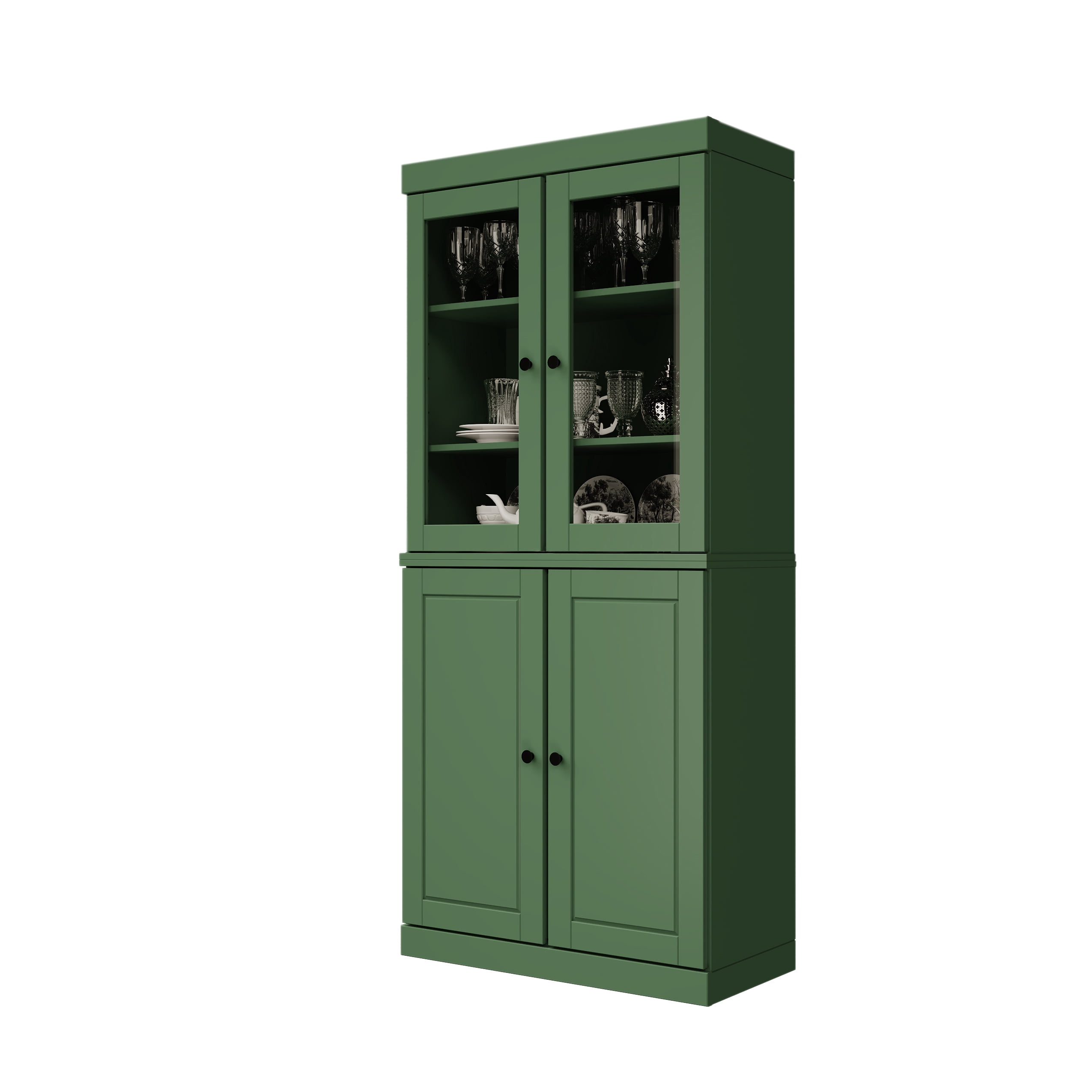 Palace Imports 100% Solid Wood Kitchen Pantry Storage Cabinet with Glass & Raised Panel Doors and Adjustable Shelves, 4-Door, Green