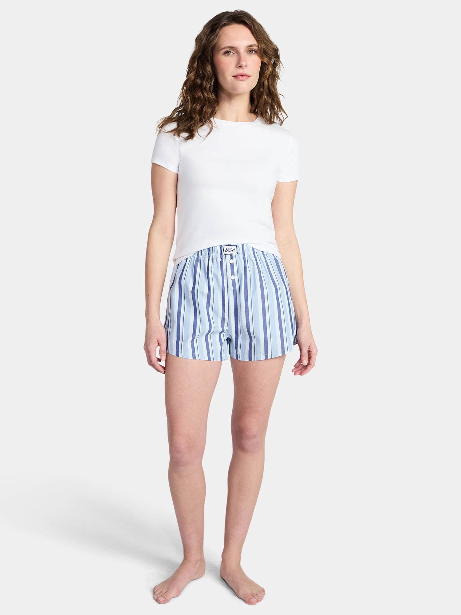 Ford Women's Striped Cotton Boxer Shorts with Logo Patch, Sizes XXS-XXL
