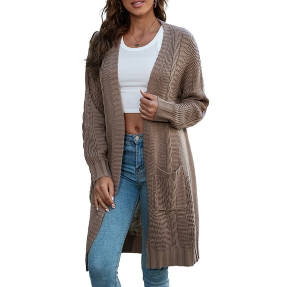 CALIPESSA Drop Shoulder Cable Knit Pocket Patched Casual Long Sleeve Khaki Cardigan For Womens