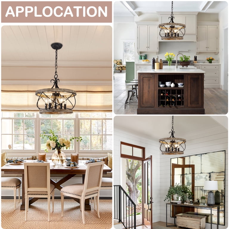 16” Adjustable Farmhouse Chandelier – Black & Brown Wood-Textured 3-Light Rustic Pendant For Dining Room, Kitchen Island, Or Entryway
