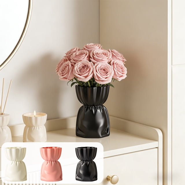 Imitation Ceramic Vase, Decorative Floral Arrangement With Frame Bracket Stability, for Desktop and Bookshelf Decor, Pink
