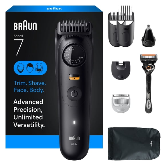 Braun All-in-One Series 7 Trimmer Kit, 40 Lengths, Lifetime Sharp Metal Blade, AIO 7530, Matte Black