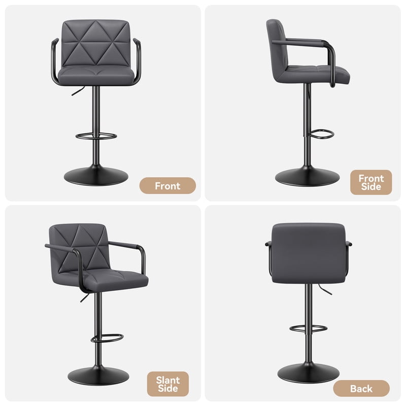 Hawsaiy Modern Bar Stools Set of 2, PU Leather Adjustable Swivel Bar Chairs with Armrests and Back, Hydraulic Counter Height Stools with Footrest for Kitchen Island, Dining Room, Bar, Dark Gray