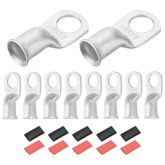 10 Pcs 1/0 AWG - 1/2" Tinned Copper Cable Lugs, Battery Cable End with 10pcs Heat Shrink