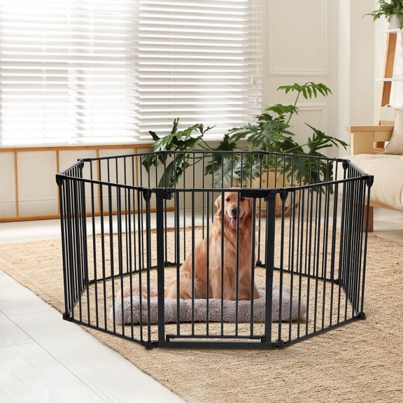 Pet Gates, Caveen Dog Playpen 8Panel 198" Extra Wide 30" Tall Fireplace Fence Playard, Black