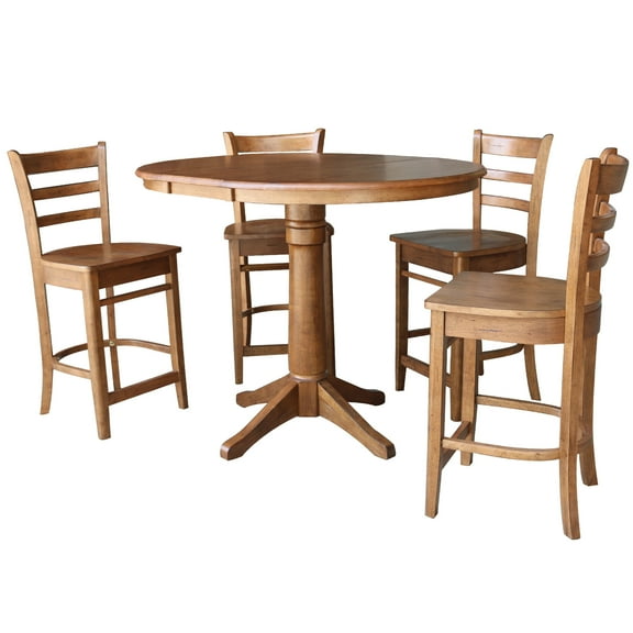 36" Round Solid Wood Extension Dining Table with 4 Stools in Distressed Oak by International Concepts