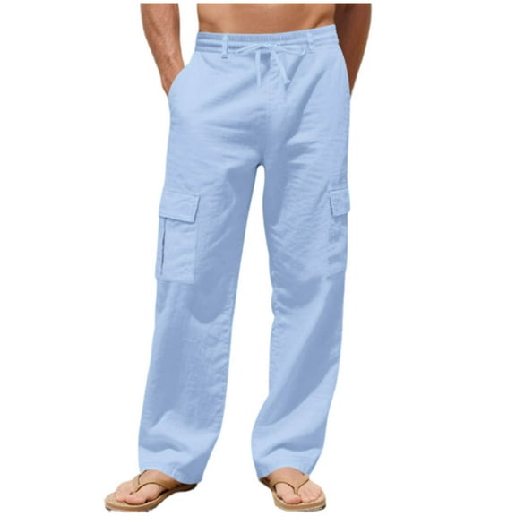 Riecok Mens Casual Pants Drawstring Elastic Waist Multi Pockets Pants Solid Athletic Pants Light Blue 2XL