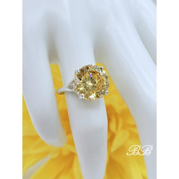 8mm or 12mm Canary Yellow Portuguese Cut Cubic Zirconia, 4-Prong Solitaire Ring, 5A Quality CZ, Sterling Silver, Made to Order, Jewelry Gift