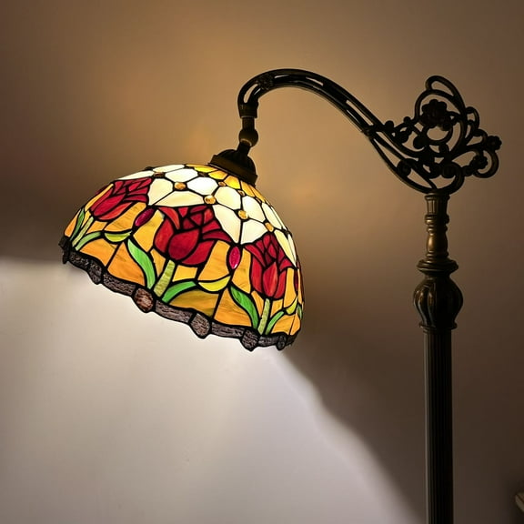 Enjoy Décor Lamps 63-Inch 1-Light Red Tulips Bowl Tiffany Floor Lamp with Stained Glass