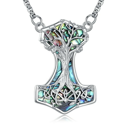 925 Sterling Silver Thor’s Hammer Tree of Life Necklace with Abalone Shell, Viking Norse Jewelry Pendant for Men Women