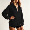 thumbnail image 6 of Women's Solid Full Zip High Collar Sweatshirt Long Sleeve Loose Casual Zip up Jacket with Pockets Lightweight Hoodless Outerwear Tops Black, 6 of 6