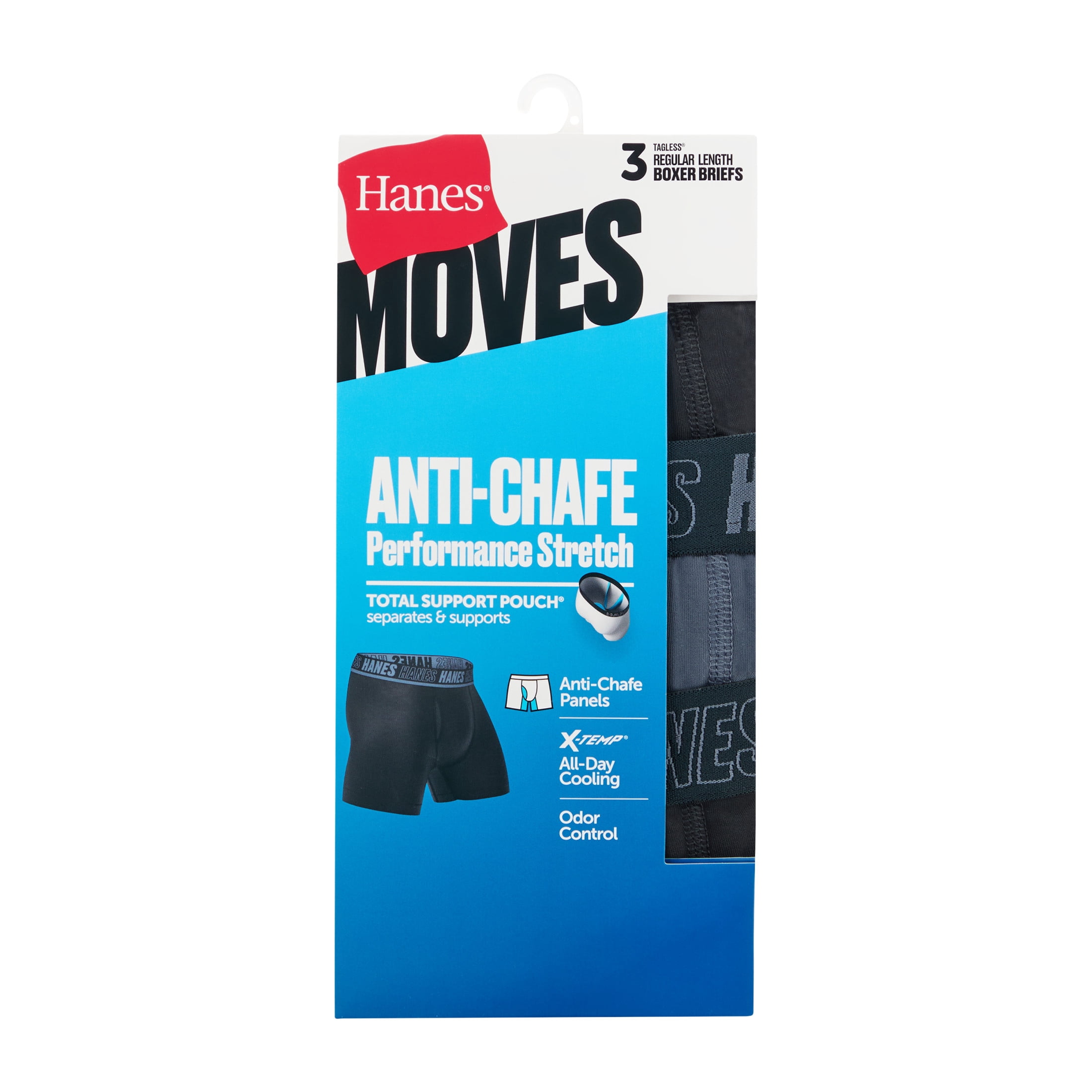 Hanes Mens Underwear Boxer Brief, 3-Pack, Moves Anti-Chafe Boxer Brief with Total Support Pouch