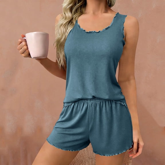 PNTUTB Women's Solid Color Casual Lightweight Crew Neck Sleeveless Tank Top with Elastic Waist Shorts Pajama Set