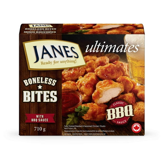 Janes ultimates BBQ Boneless Bites frozen snack box showing breaded white meat chicken chunks with classic BBQ sauce, 710g, fully cooked and seasoned, suitable for quick appetizers or party snacks.