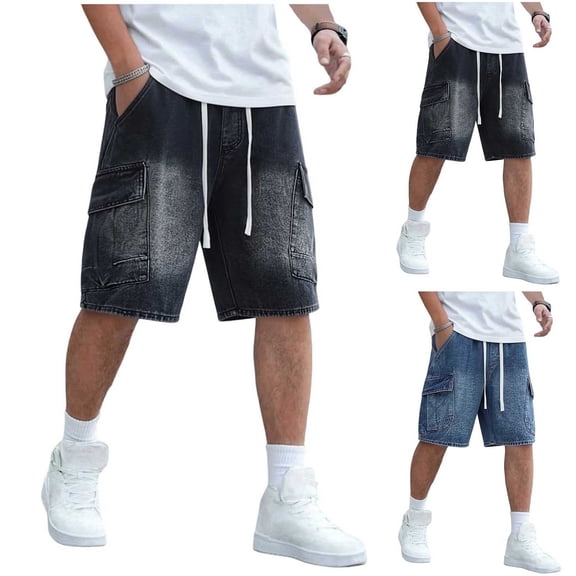 Baggy Jean Shorts for Men Casual Loose Fit Straight Leg Hip Hop Y2K Skateboard Denim Shorts with Drawstring and Cargo Pocket Blue