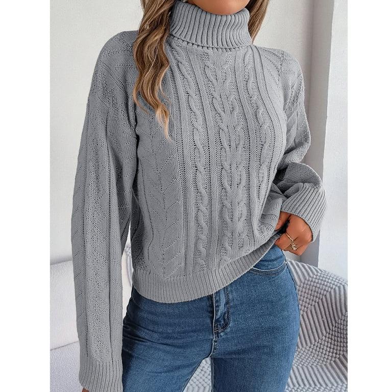 Women High Neck Sweater Solid Color Long Sleeve Sweaters Casual