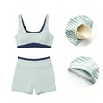 thumbnail image 7 of YHCY Womens Striped Workout Sets 2 Piece Double Layer Yoga Set Wide Strap Sports T Shirt Bra Elastic High Waisted Tummy Control Biker Shorts Stretchy Soft Lounge Athletic Sets Light Green L, 7 of 7
