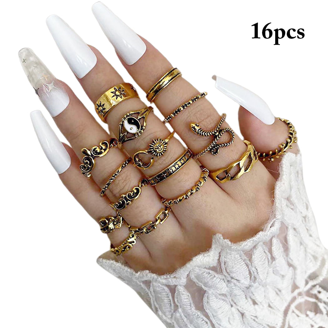 CJIAYUJEW 16PCS Chain Rings for Girls,Gothic Punk Chain Finger Ring Set for  Women Men,Vintage Silver Emo Rings Cross Butterfly Knuckle Ring