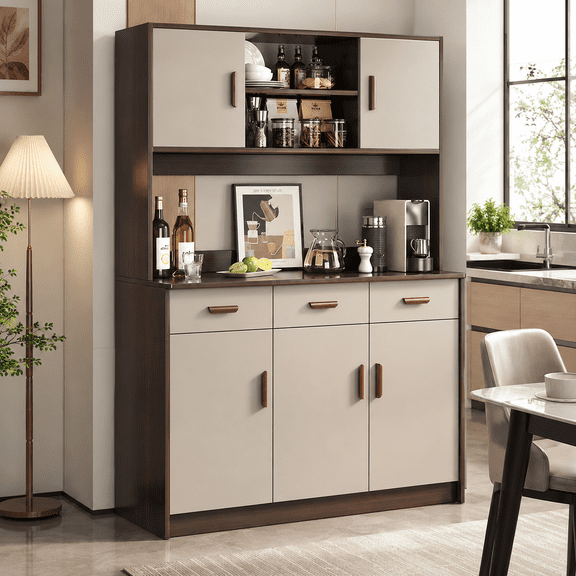 Zocalo Alacena de Cocina Grande con Cajones y Puertas, Gabinete de Almacenamiento Multifuncional de Madera 120 x 34 x 170 cm, Organizador para Despensa, Comedor y Cocina, Beige