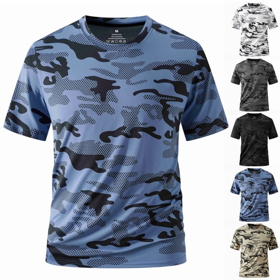 Gaukiv Men's T Shirts Quick Drying Crew Neckline Camo Short Sleeve Tees Summer Breathable Tops Blue L