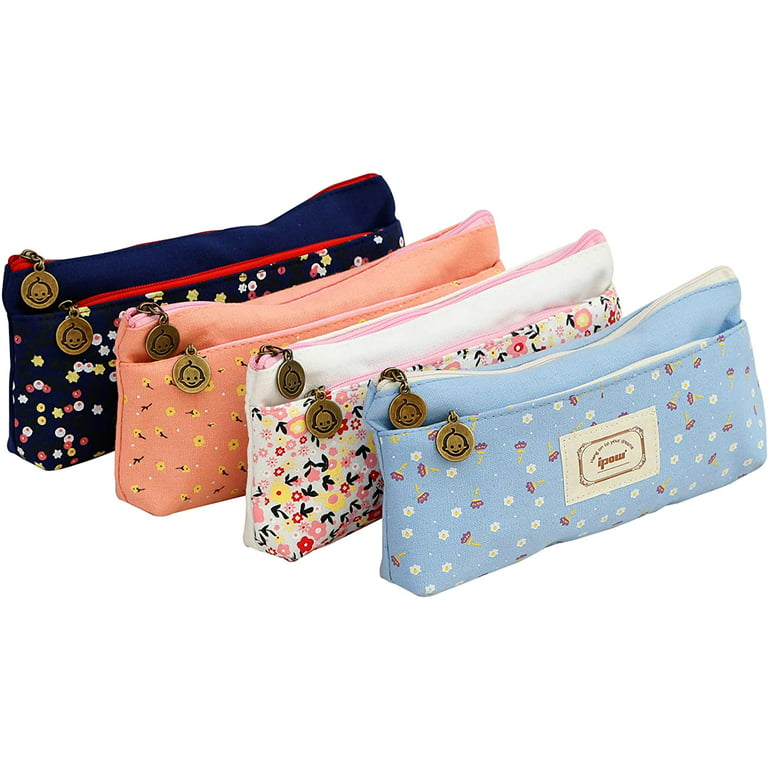 HappyDaily 4 Pack Beautiful Pencil case Pen bag or Cosmatic bag Makeup case  or Coin Purse Pouch (Long Size, Flower)